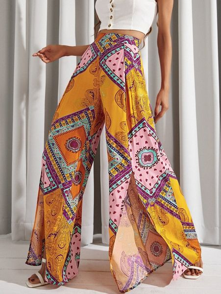 

luukse scarf print split hem wide leg pants s72q#, Black;white