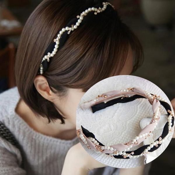 

korean pearls rhinestone chiffon headbands hair hoop women elegant elastic hair bands girls hair accessories black pink headband q bbyatb