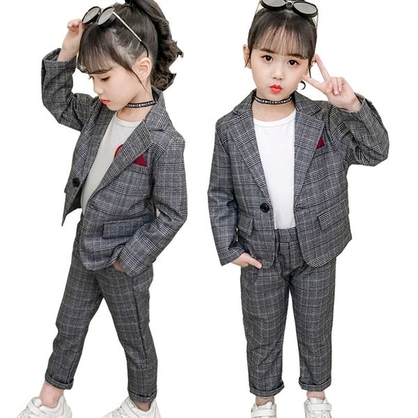 

teenage clothing set autumn plaid suit jackets +pants school tracksuit girls children clothes 8 10 year y200325, White