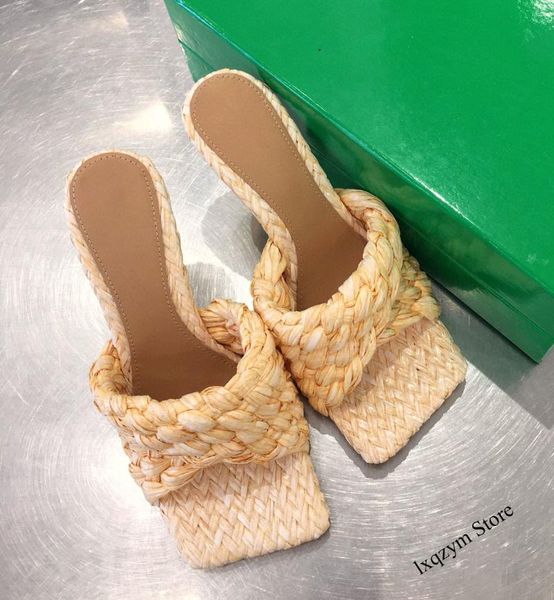 

2021 new summer crocheting lafite grass square toe slippers woman high heels sandals ladies shoes 42eur size, Black