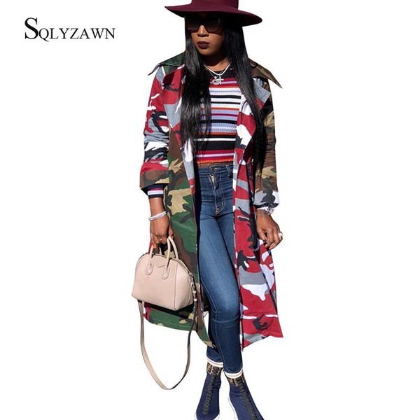 

women fall camouflage print color block patchwork long sleeve trench streetwear vintage long coat with belt camo loose jacket, Tan;black