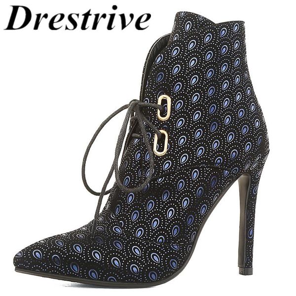 

drestrive women shoes thin heels 11 cm pointed toe 2020 winter ankle boots lace up plus size 44 black print high heel