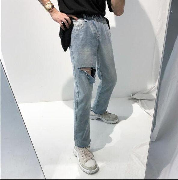 

s-xl 2020 vintage wash water 9 cent edge jeans men's blue straight leg hole pants tide1