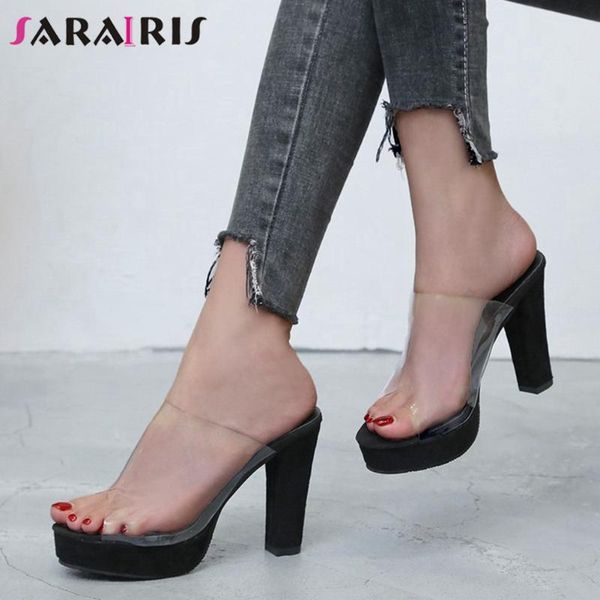 

sarairis fahsion lady 2020 solid pumps solid high heels summer pumps women open toe pvc slip on party dress shoes woman, Black