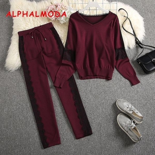 

alphalmoda winter new arrival women's fashion knitting sweater + pants 2pcs tracksuit lace patchwork trendy seasonal set y200110, White