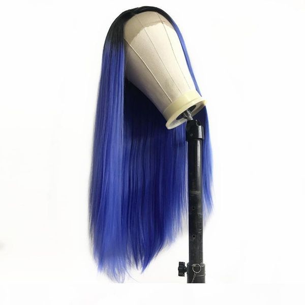 

ombre синий парик длинные прямые синтетический парик фронта шнурка с черные корни высокой температуры волос парики женщин реальные фотографи, Black