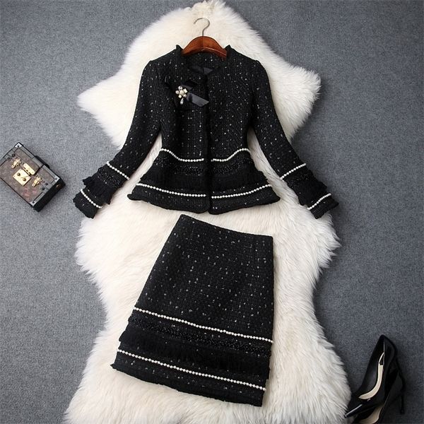 

european and american women's 2019 winter clothing new long sleeve coat + tweed beaded skirt two-piece suit, White