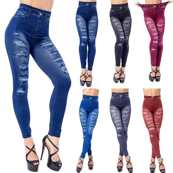 

2021 women faux jeans leggings new patch printing pencil pants skinny trousers female fashion high waist casual soft legging, Black