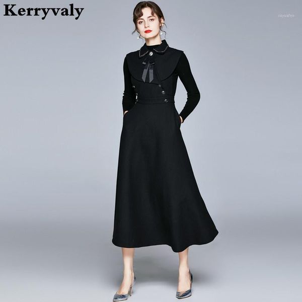 

autumn women black sleeveless woolen maxi dress with sweater backing long two piece dress vestido branco k86441, Black;gray