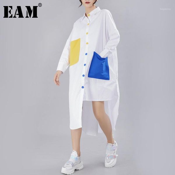 

eam] 2020 new spring autumn lapel long sleeve panelled button pocket split loose big size shirt women blouse fashion tide jy7761, White