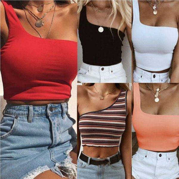 

women hollow out cool single one shoulder tank vest bare midriff sleeveless t shirt summer beach crop top, White