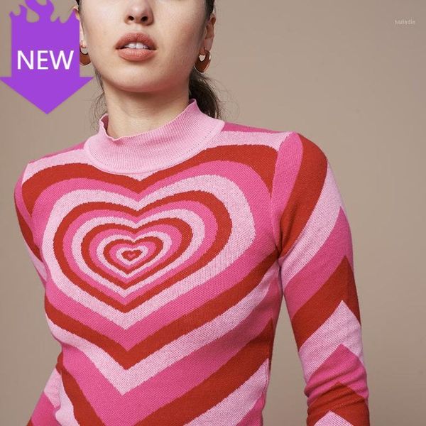 

ladies half high neck slim sweater long sleeve pink love knitted pullovers new spring women patchwork pink heart sweet sweater1, White;black