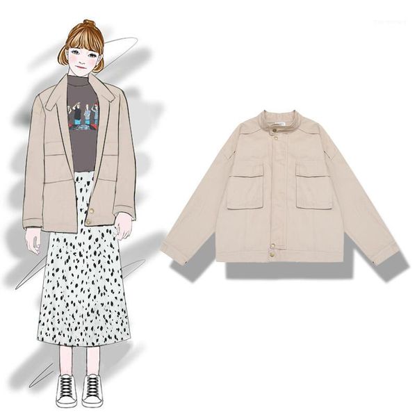 

2019 new fashion women's trench coat spring long sleeve loose casual jacket double pocket solid color1, Tan;black