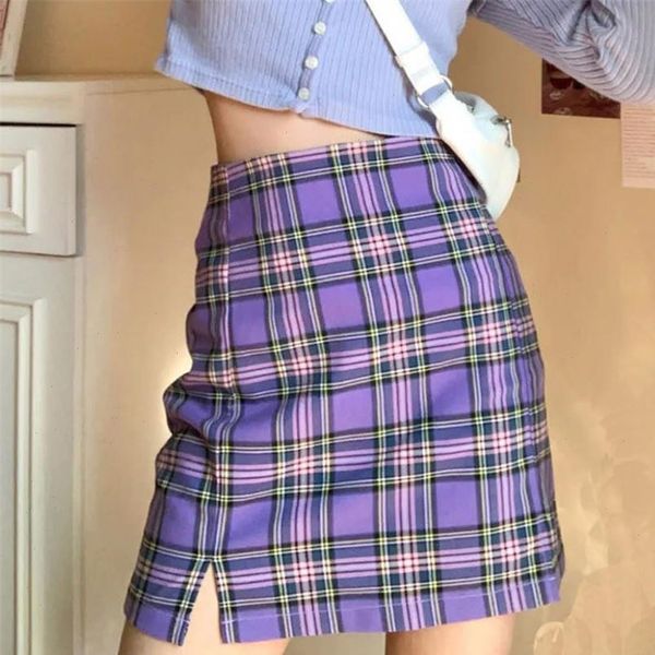 

vintage purple plaid mini skirts women 2020 summer korea split office lady casual short pleated skirts mujer, Black