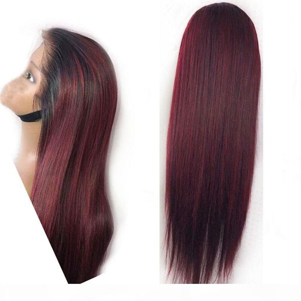 

preplucked highlights lace front human hair wig long straight remy brazilian ombre 1b red burgundy hair wig 360 lace frontal wig full lace, Black