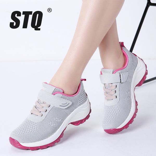 

stq 2020 autumn women sneakers lightweight breathable air mesh chaussures femme woman lace up platform sneakers 1833 1006, Black;white