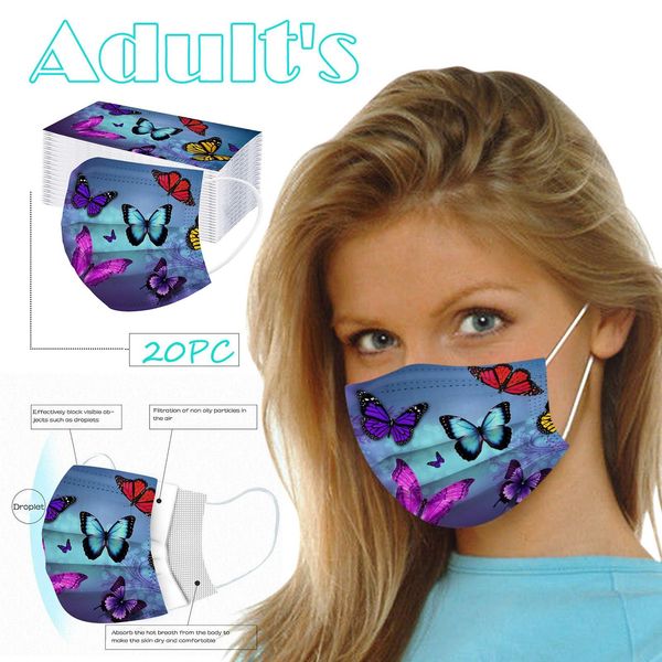 

20pcs butterfly print mouth caps disposable headband bandana mouth caps print mondkapje wasbaar kerst mouthmask mascarilla bbytgr, Black