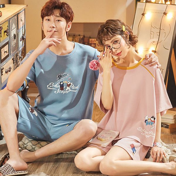 

2021 new pajamas sets for women cartoon pattern sleepwear summer cotton thin short sleeve wear man pijamas home suit bbkp, Black;red