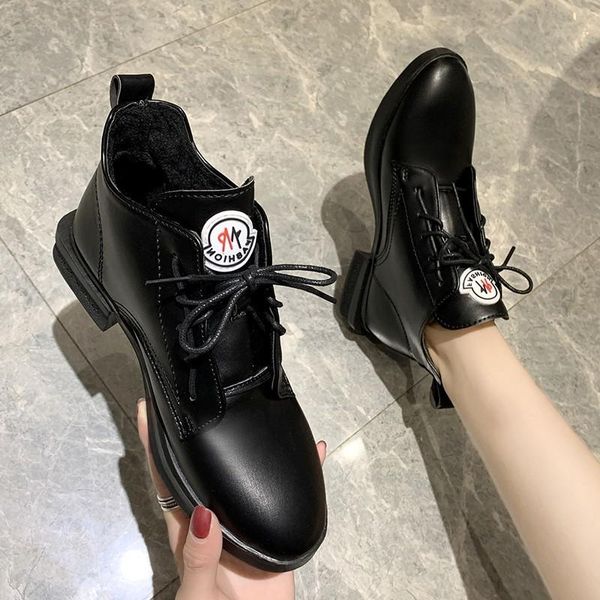 

plush warm women winter boots solid black leather boots female ankle for women lace up platform street style casual shoes