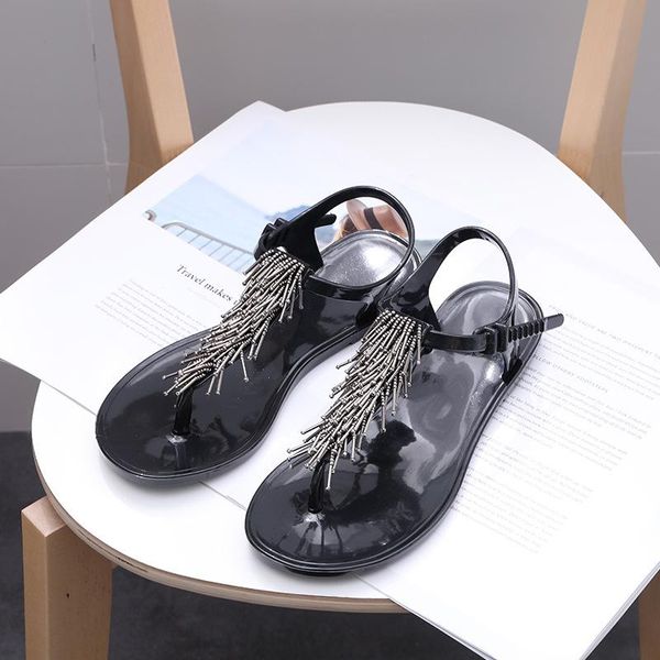

sandals women shoes tassled beaded t-type belt flip-flop solid color comfortable casual soft big toe foot orthopedic, Black