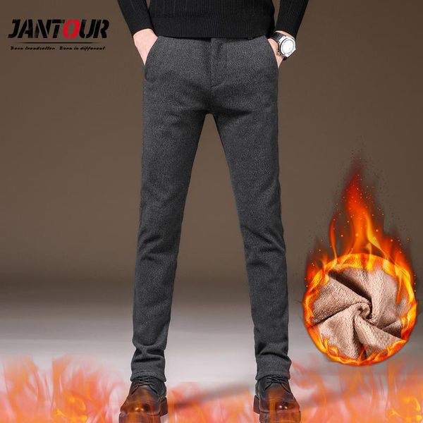 

2020 winter fashion fleece pants men casual slim pants classic black gray business pantalones de hombre work man size 38