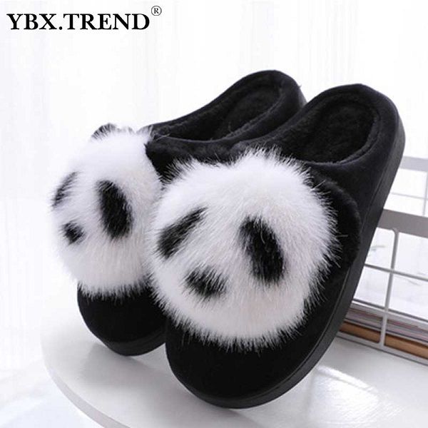 

women slippers winter slip on short plush warm cartoon animation panda ladies slippers female indoor home flat comfortable shoes y201026, Black