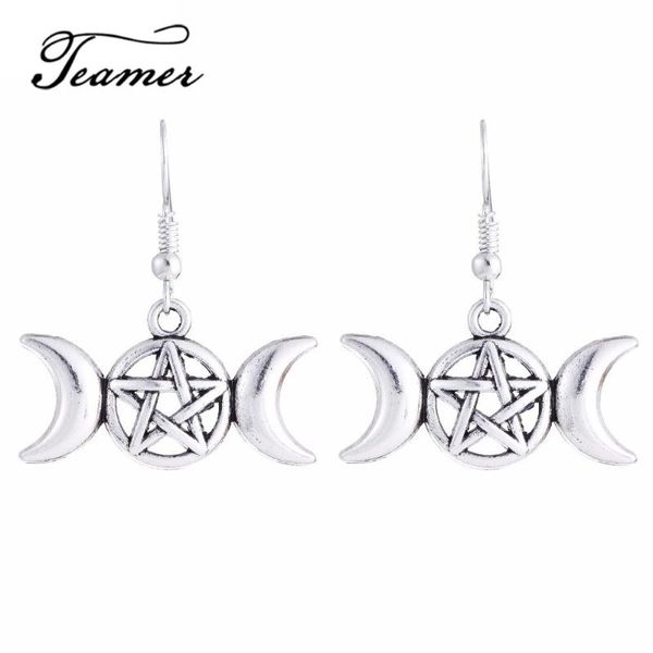 

dangle & chandelier teamer in wicca pentagram talisman star of david moon drop earring supernatural amulet for woman the goddess symbol, Silver