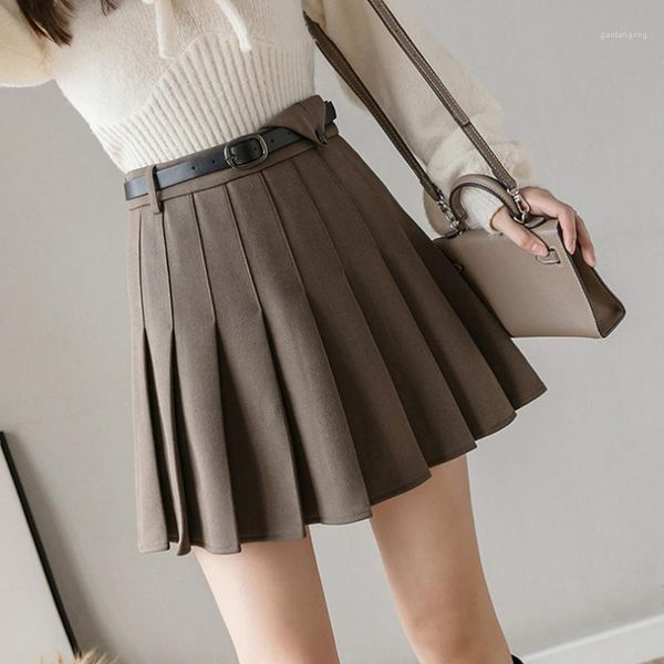 

2020 retro vintage women mini skirt high waist winter pleated solid color black korean style office school skater with belt1