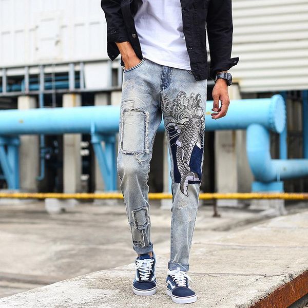 

new men's loose jeans brands skateboard denim pants distressed trousers1, Blue