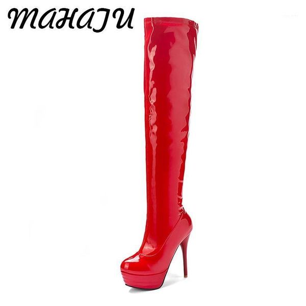 

patent leather thigh high heel boots winter women over the knee boots plus size shoes platform zipper red black color 35-401