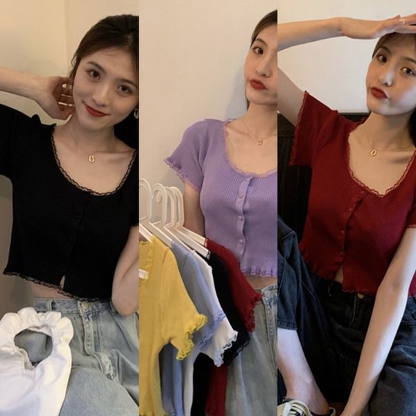 

короткий рукав футболка трикотажная женская летняя одежда 2020 новый короткий высокий top lacewaist кружева кружева топ с круглым вырезом 2u, White