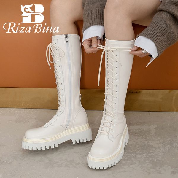 

rizabina real leather woman knee boots fashion platform cross strap warm winter shoes woman thick heel short boot size 34-40, Black