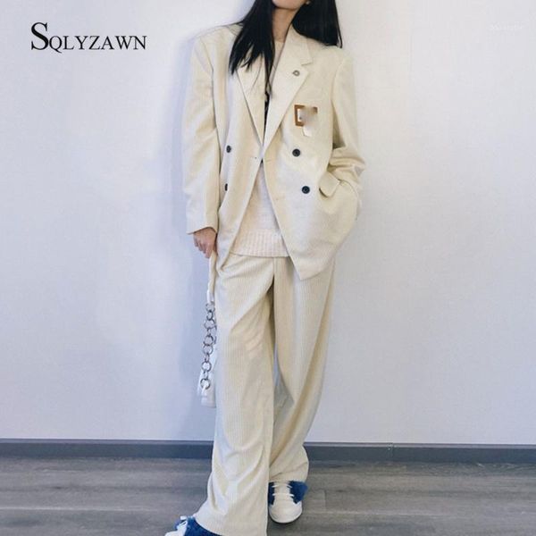 

2pcs suit two piece set for woman ladies corduroy white jacket coat + corduroy trousers casual pants +corduroy outfits1