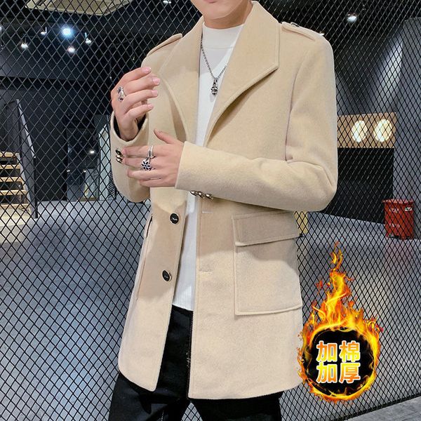 

windbreaker medium length versatile slim fit autumn and winter korean fashion youth thickened tweed coat men's wear, Tan;black