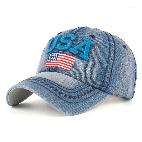 Шариковые шапки для мужчин Женщины Ретро США Флаг Вышивка Джинсовая Бейсболка Летняя Стендбака Casquette Хип-Хоп Шляпа Пары Snapback # L201