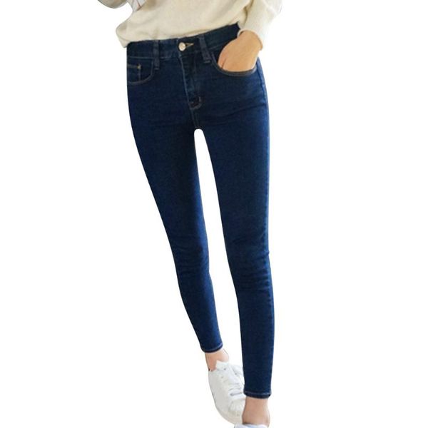 

womem jeans solid color slim fit elastic casual pencil jeans jl, Blue