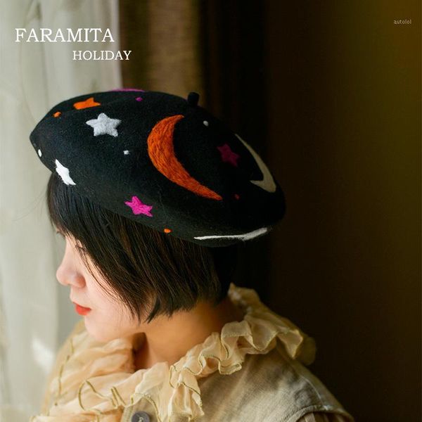 

faramita holiday women girls kids child hand-made wool felt berets autumn hats hat caps stars and moon beret cute brand design1, Blue;gray