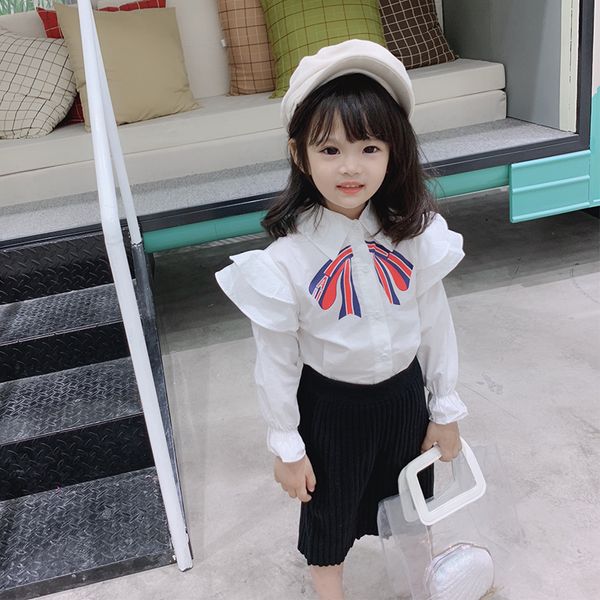 

spring autumn girls blouse baby shirt kids children brand clothes white ruffle neck petal cuff bow lacing 2 to 7 yrs y200704, White;black