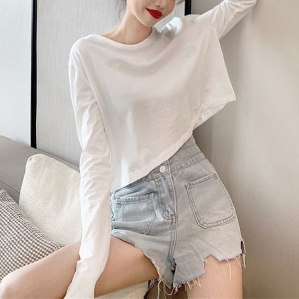 

8evn2 for red women ins t-shirt in early autumn 2020 new online red student navel exposed short long sleeve coat t-shirt trend net wo, White