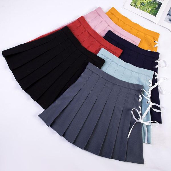 

women skirts plaid pleated skirt summer fashion slim waist casual female skirts sweet strap a-line skirt high waist pleated mini, Black
