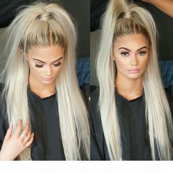 

brown root ombre 13x6 lace frontal human hair wigs for women long thick density 250% pre-plucked hairline straight lace wigs, Black;brown