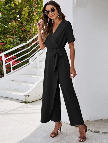 

solid surplice front belted jumpsuit p8oy#, White