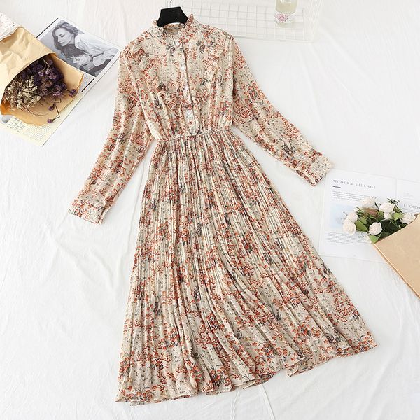 

2021 new new floral plaid in spring and autumn ladies chiffon long waist high a line big swing dress 3b2z, Black;gray