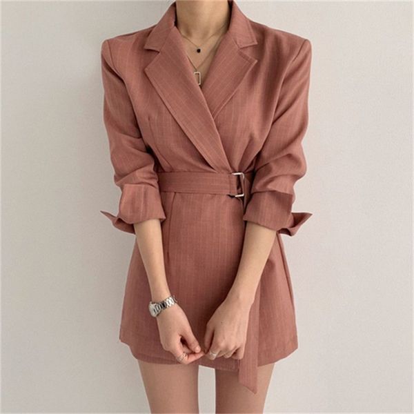 

2021 new french light cooked style vertical stripes lapel single-breasted lace-up waist long-sleeved suit dress women inx9, Black;gray