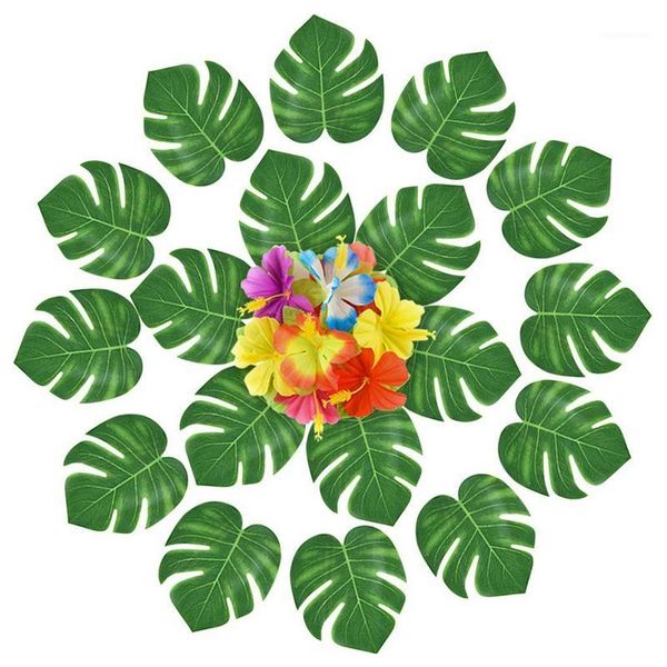 

set of 120 hawaii style decorating pieces for summer with palm leaves and artificial flowers - tropical plants - birthd1