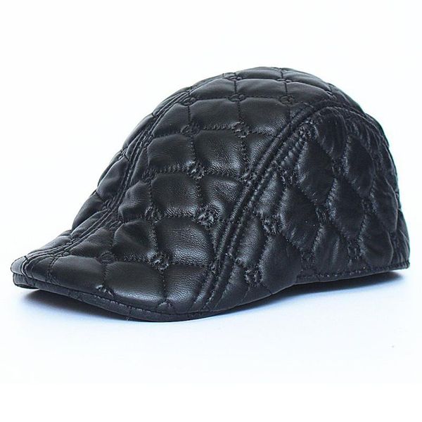 

berets genuine leather women men cap hats sheepskin thick warm winter baseball grid hat adjustable european and american, Blue;gray