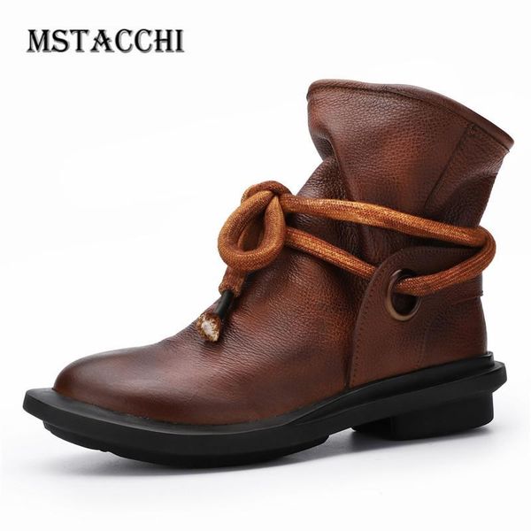 

mstacchi woman thick rope lace-up pleated rubbing color ankle boots retro ladies patchwork bottine slip on flat with short boots, Black