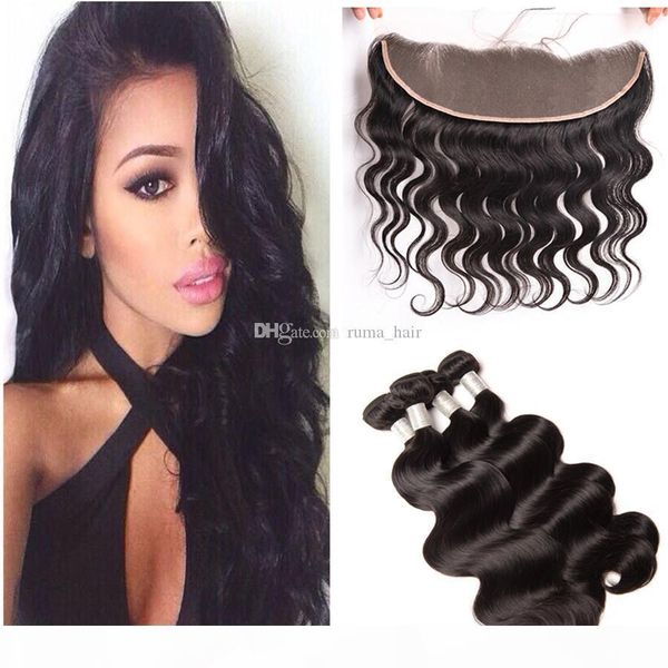 

body wave human hair weaves with lace frontal bleached knot peruvian virgin hair unprocess bundles with lace frontal closure #1b color, Black;brown