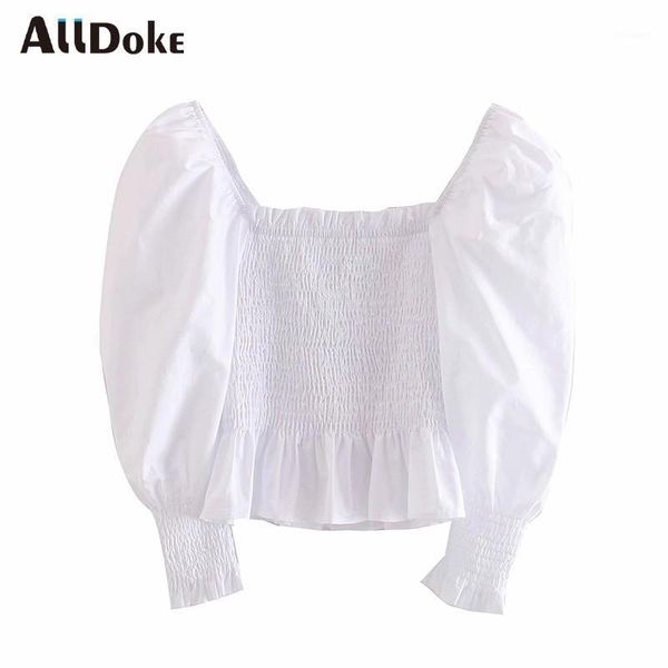 

women's blouses & shirts alldoke white casual ruffles blouse women summer square collar puff sleeve crop shirt femme office ladies blu