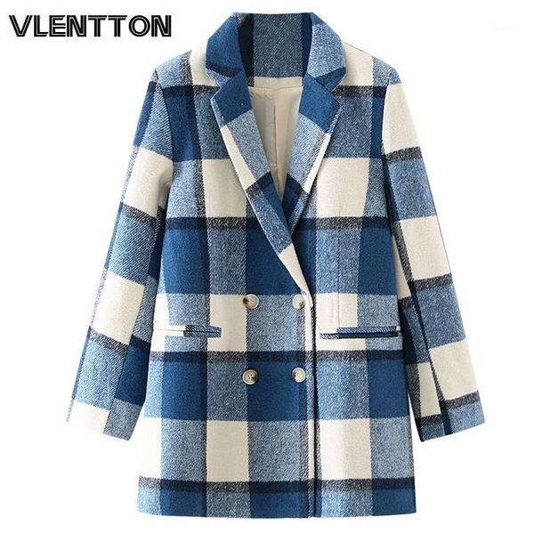 

2020 autumn winter women fashion vintage plaid wool blazers coat chic button loose office jackets outwear female clothing1, White;black